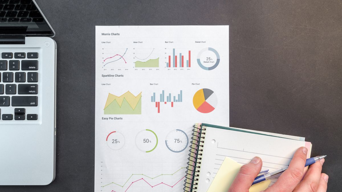 Charts and score gauges on a printed report next to a laptop, the kind of Google Ads Quality Score data a medical practice owner reviews