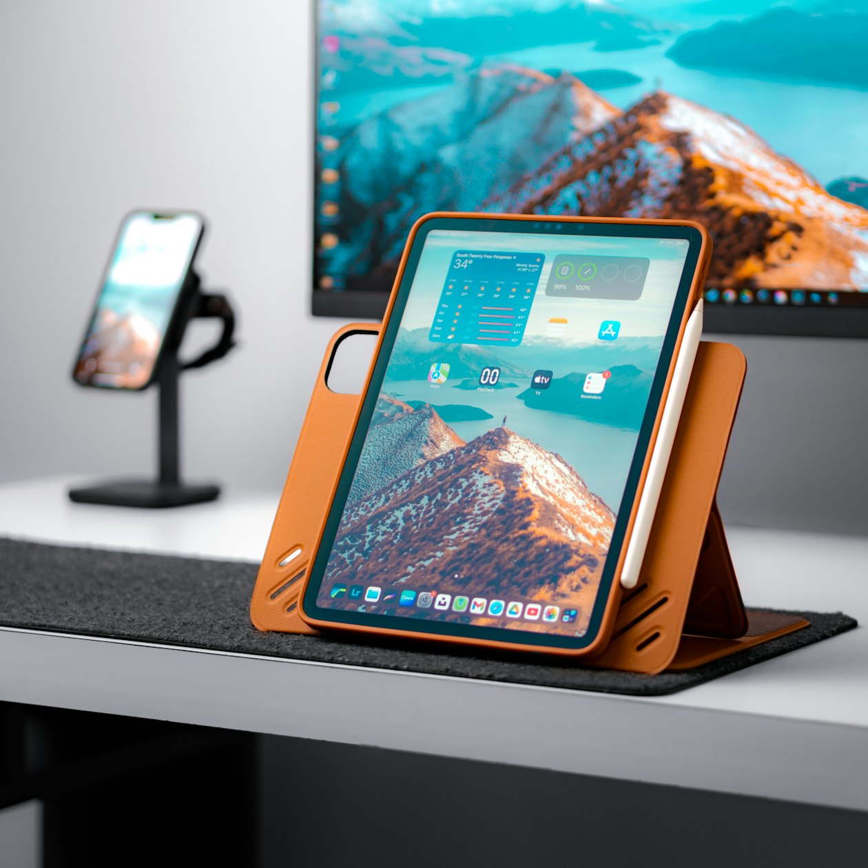 A tablet propped on a stand at a front desk, set up as a Google review kiosk for a medical practice