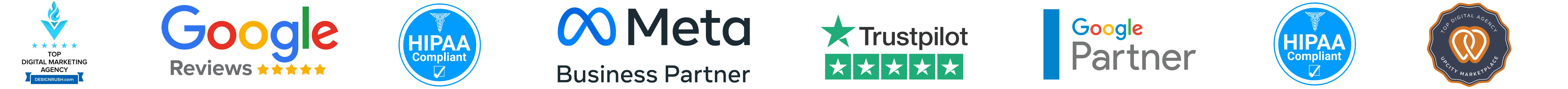 EtherealMinds trusted partners: DesignRush, Google Reviews, HIPAA Compliant, Meta Business Partner, Trustpilot, Google Partner, UpCity